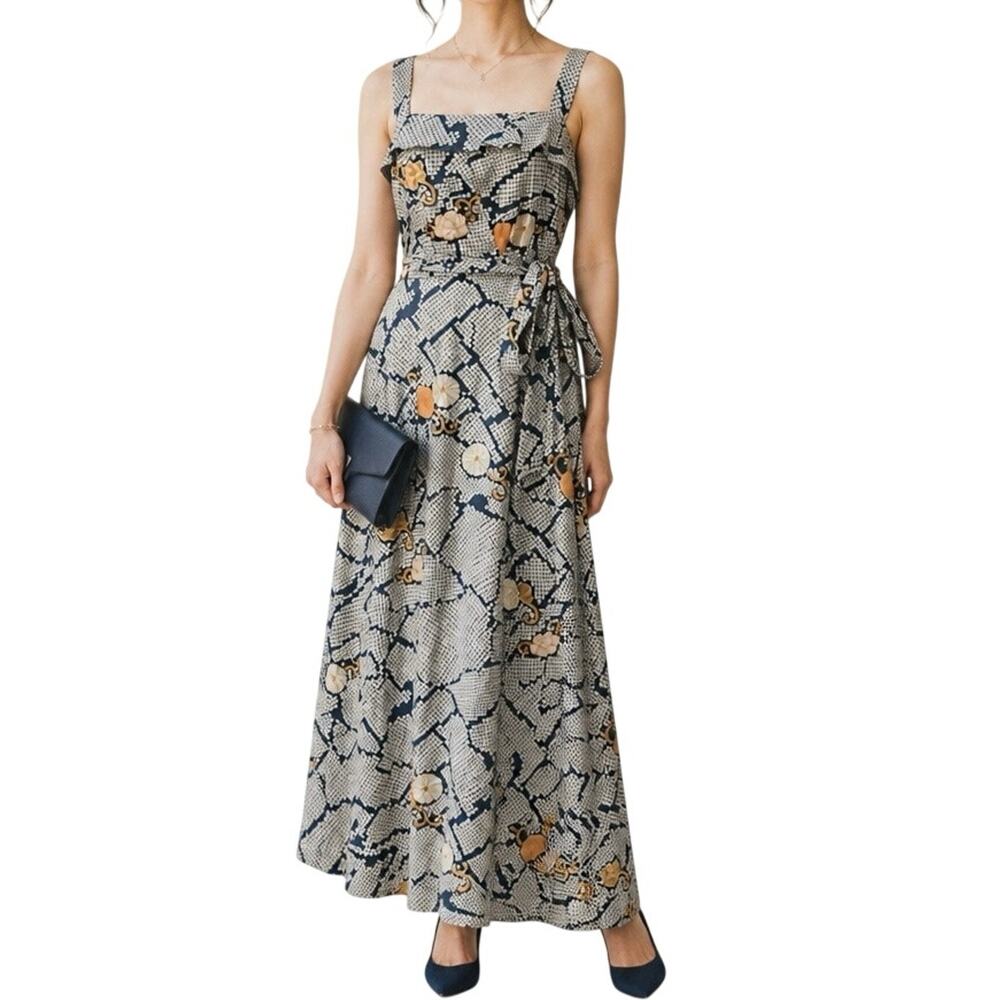 Snakeskin Print Silk Maxi Dress Square Neck Tie Waist Womens Size 6